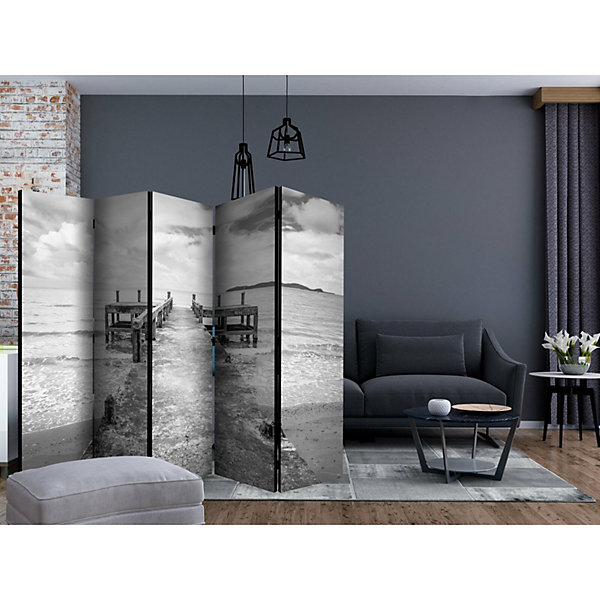 Paravent Décor Jetée Béton II Design élégant 5 Volets 225 x 172 cm Noir et blanc