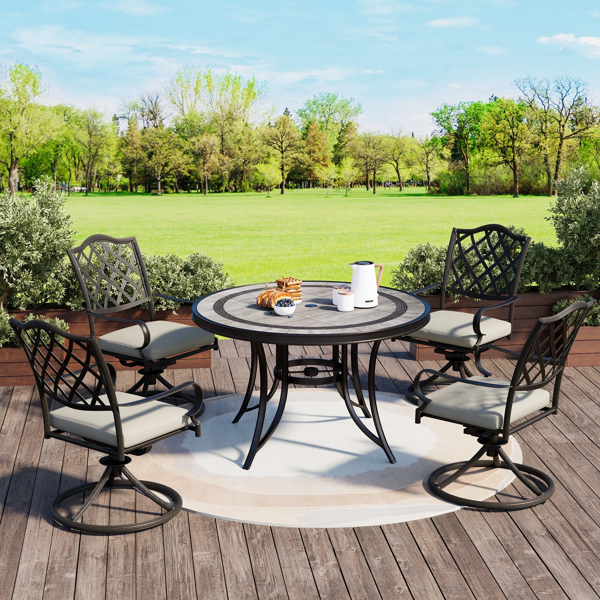 Clihome 48 Patio Round Cast Aluminum Dining Table with Umbrella Hole & Tile Tabletop