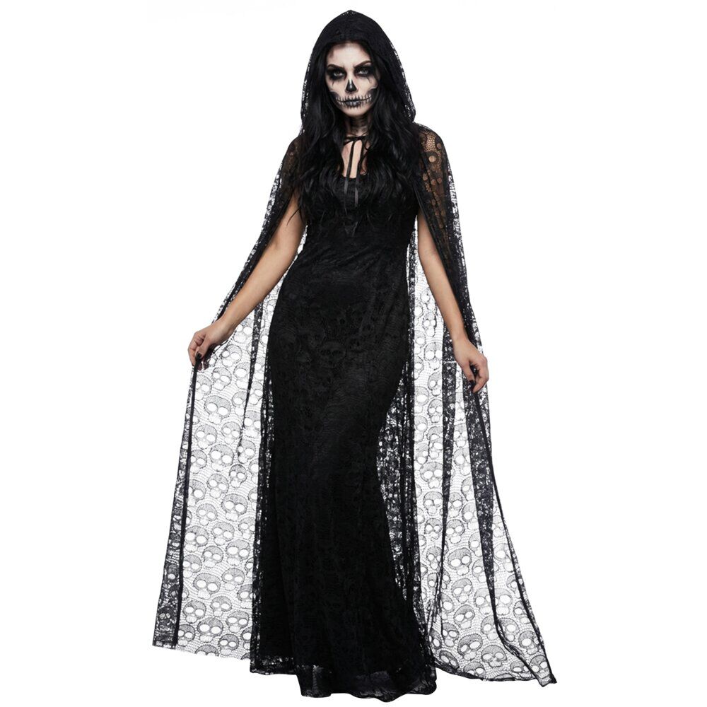 Déguisement Halloween femme Spirit cape dentelle tête de mort noir L150cm