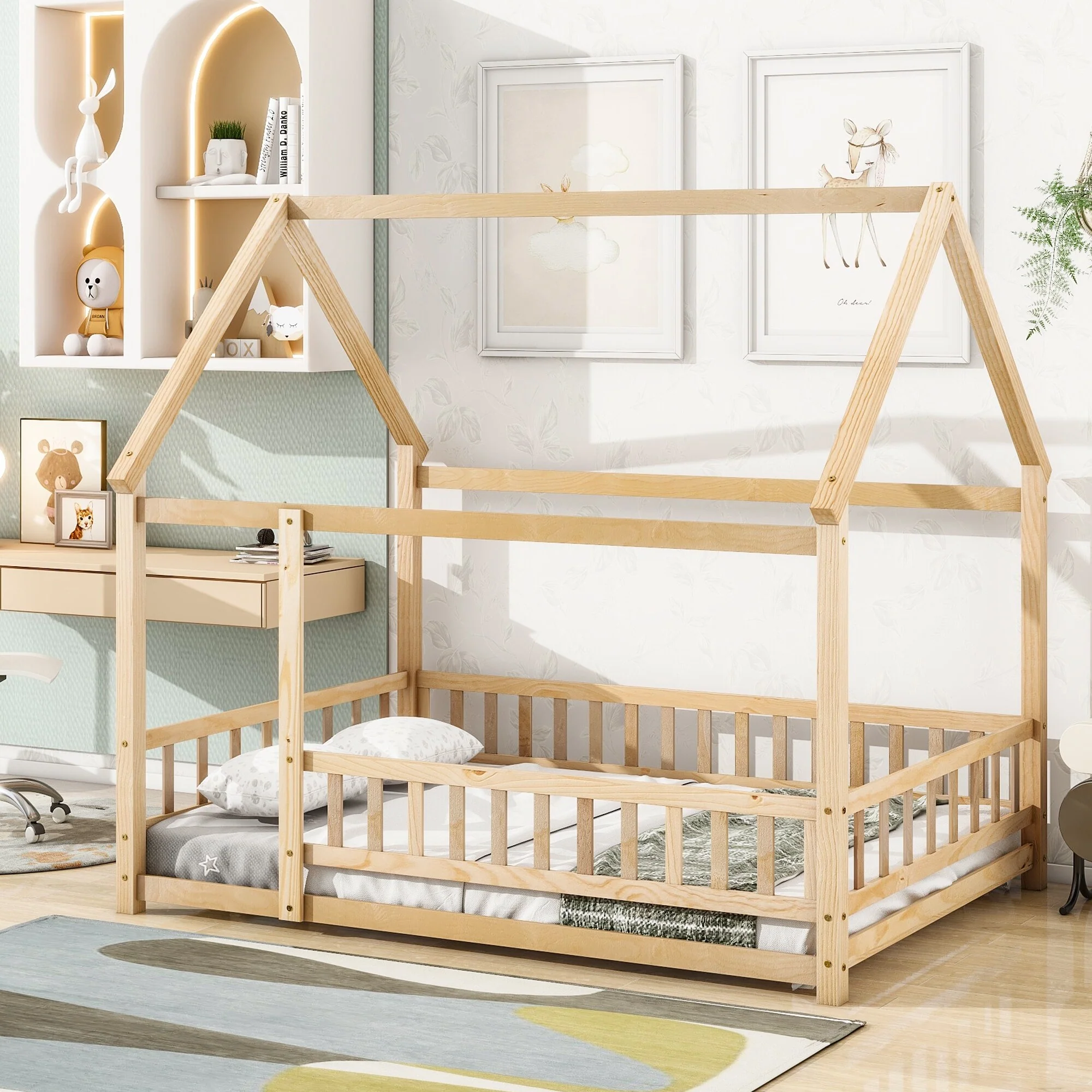 Kids' Grey Twin Floor Bed with Wooden House Roof Frame and Fence Guardrails
