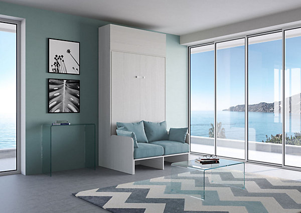 Lit double escamotable français Kentaro 140 cm avec canapé et élément mural en frêne blanc, bleu clair