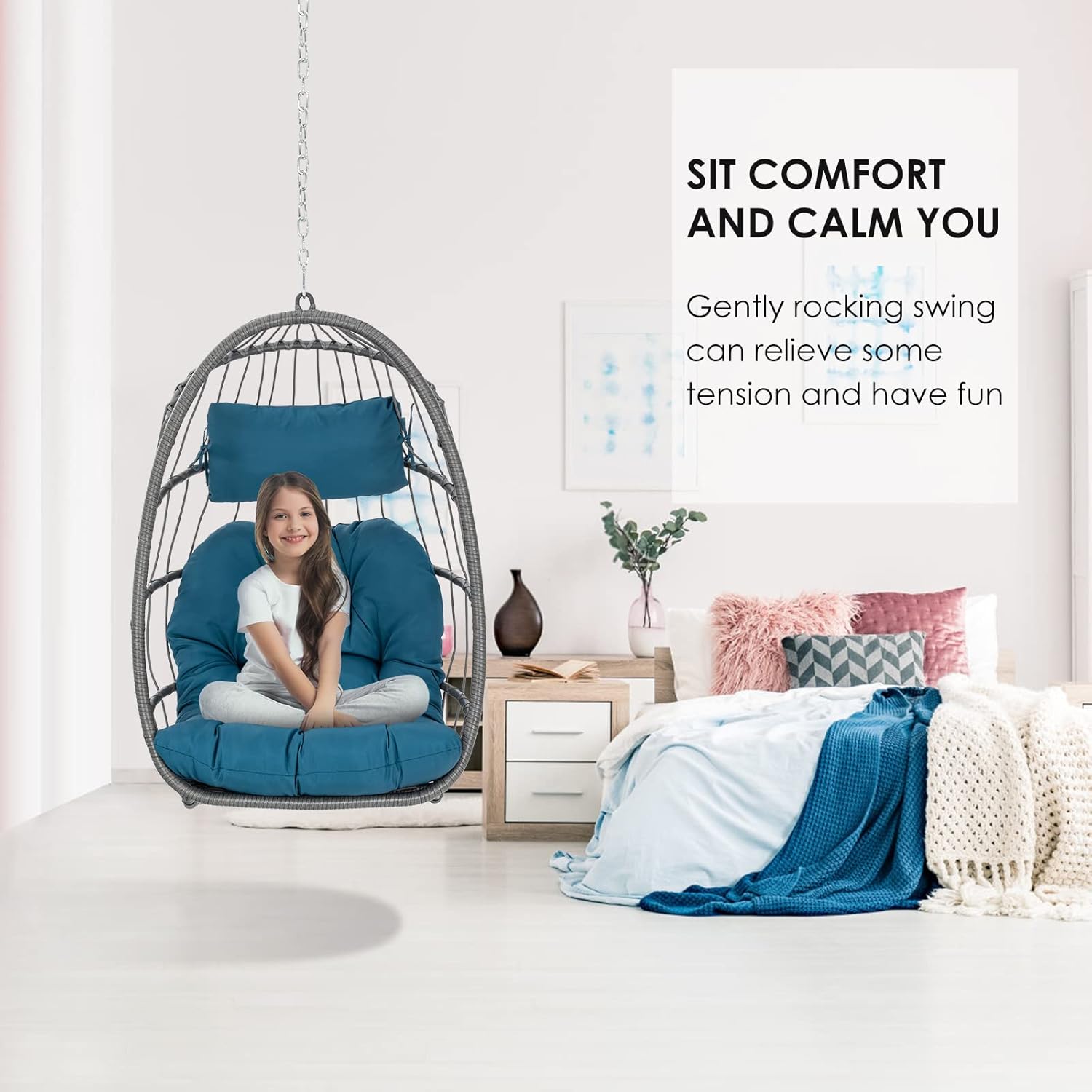 Brafab Egg Swing Chair Without Stand Outdoor Indoor, Foldable Swing Chair Hanging Egg Chairs, Aluminum Frame and UV Resistant Cushion Hammock Chair for Bedroom Patio Porch (Without Stand)