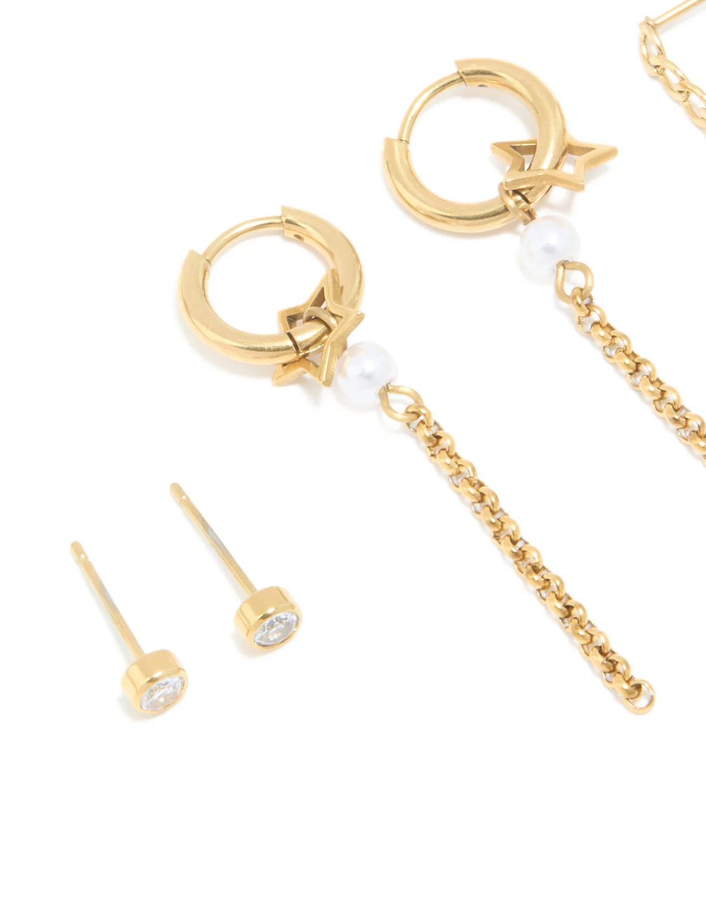 Waterproof Gold Plated Stainless Steel Star Chain & Stud Earrings 4-Pack