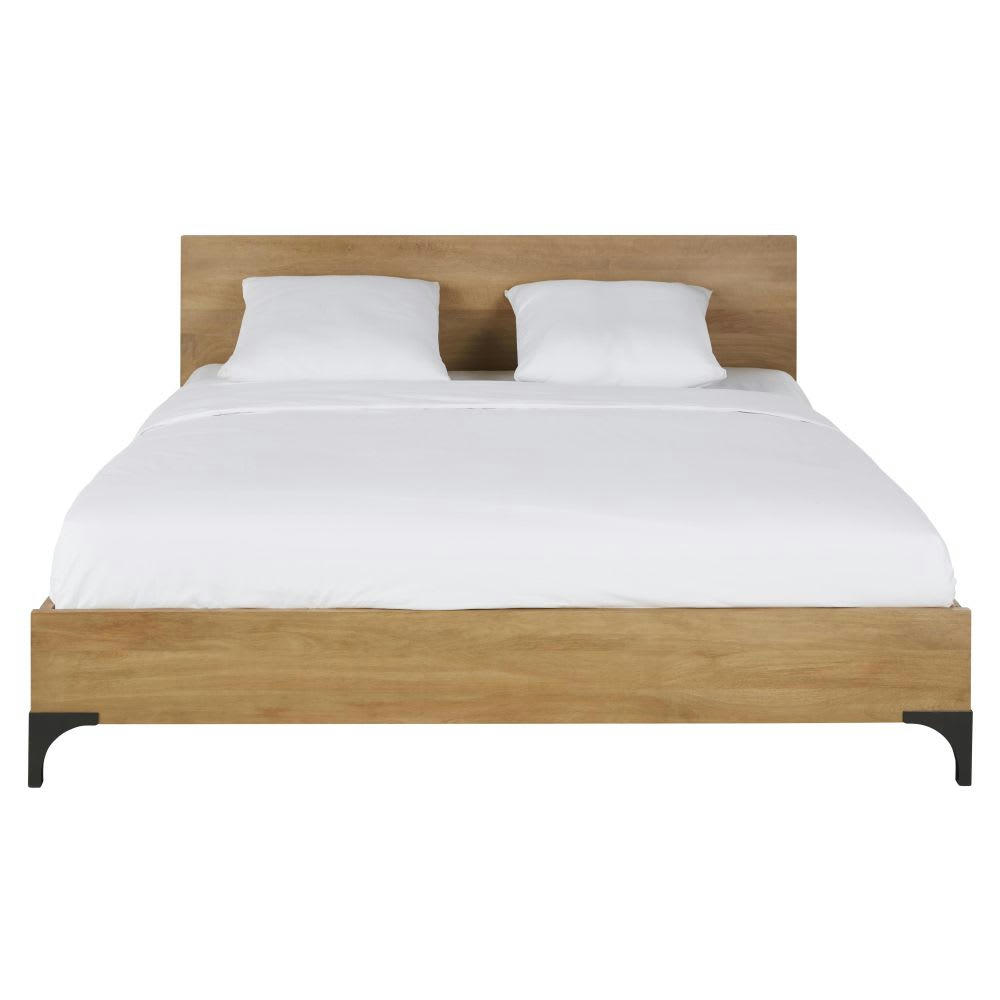 Metropolis - Lit 180x200 en bois de manguier massif, acacia et métal grisé