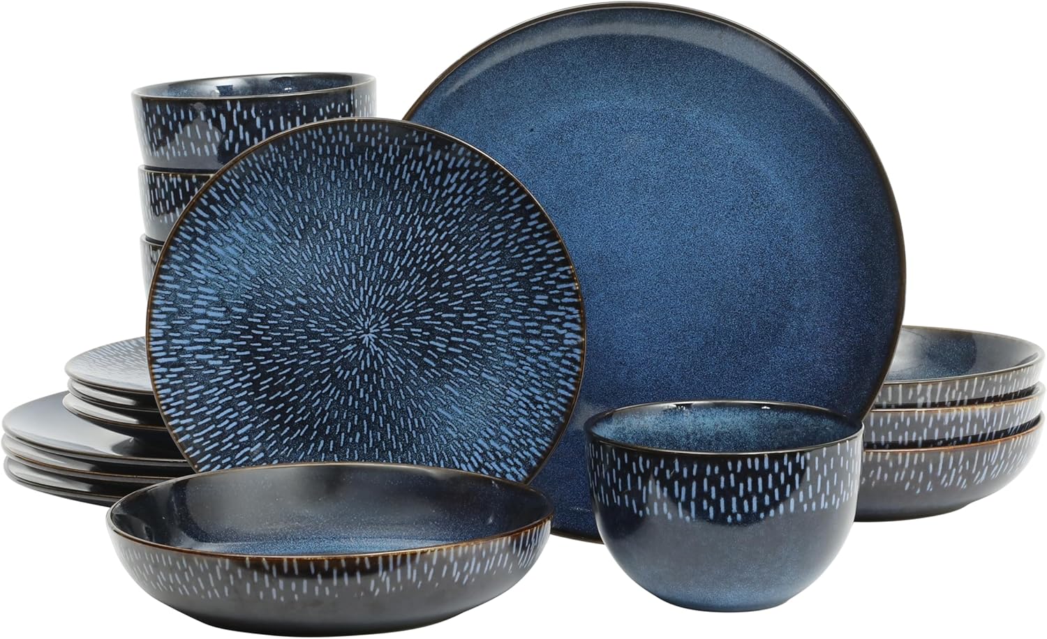 Gibson Elite Matisse 16-Piece Dinnerware Set – Double Bowl Reactive Glaze Cereamic Stoneware in Blue – Plates and Bowls Sets for 4, Microwave & Dishwasher Safe, Rustic Modern Design