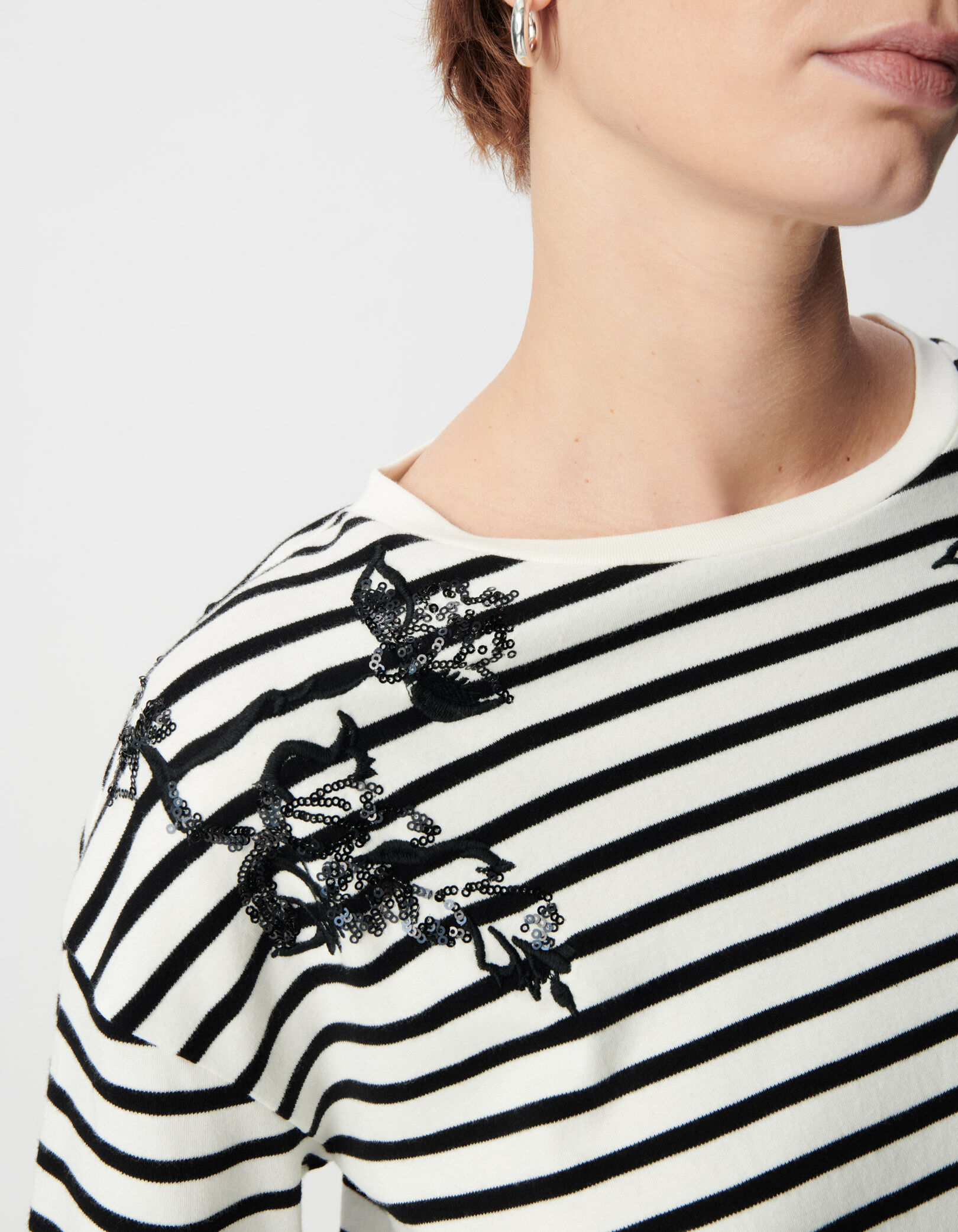 Tee-shirt marinière coton bio broderies épaules Femme