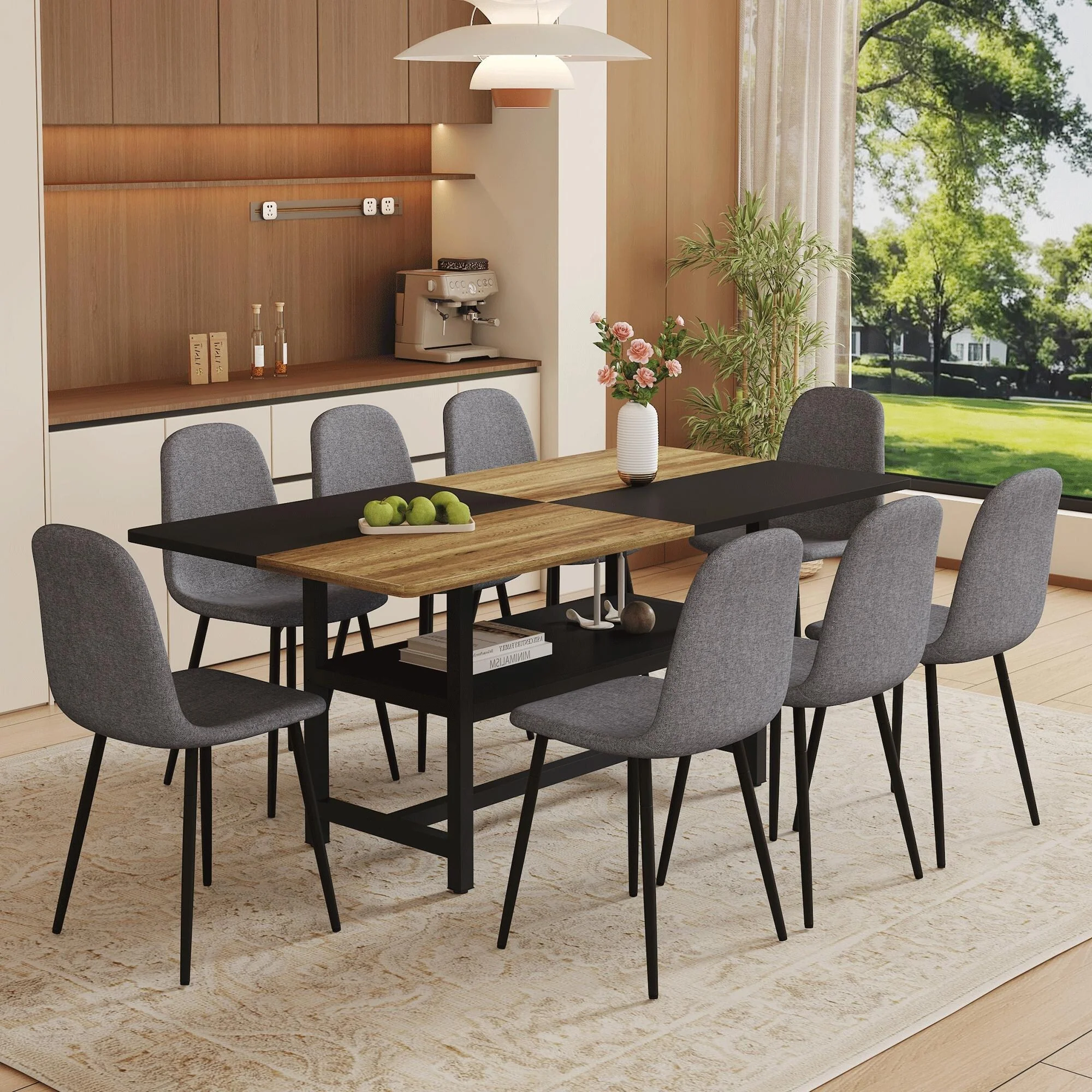 9 Piece Dining Table Set for 8, Modern 71'' Rectangle Wood Storage Dining Table and Fabric Dining Chairs 8 for Dining Room