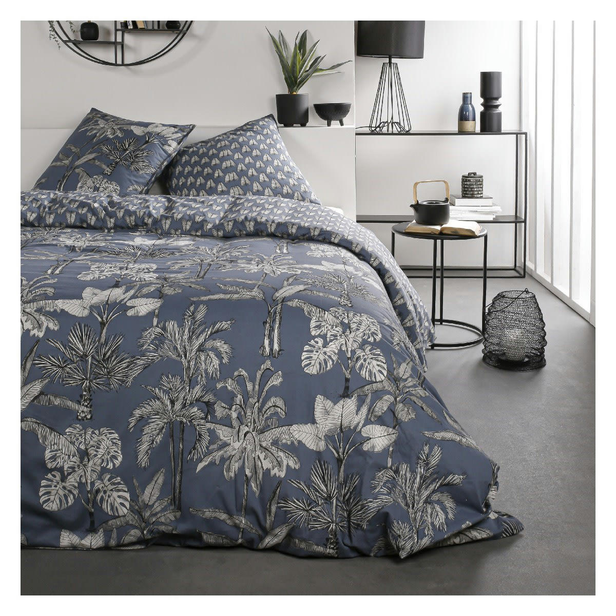 SUNSHINE - Parure de lit 2 personnes imprimé jungle en Coton Bleu 220x240 cm