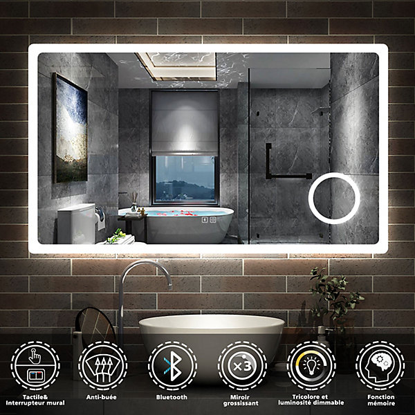 Miroir de salle de bain LED 160x80cm tricolor anti-buée avec bluetooth et loupe 3x,mémoire et lumière gradation, AICA SANITAIRE