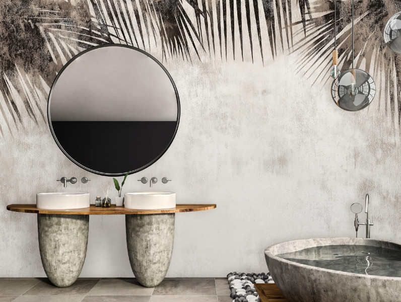 Fototapeta Liście Palmy Beton Boho Kuchnia Sypialnia Salon Tapeta 250X175