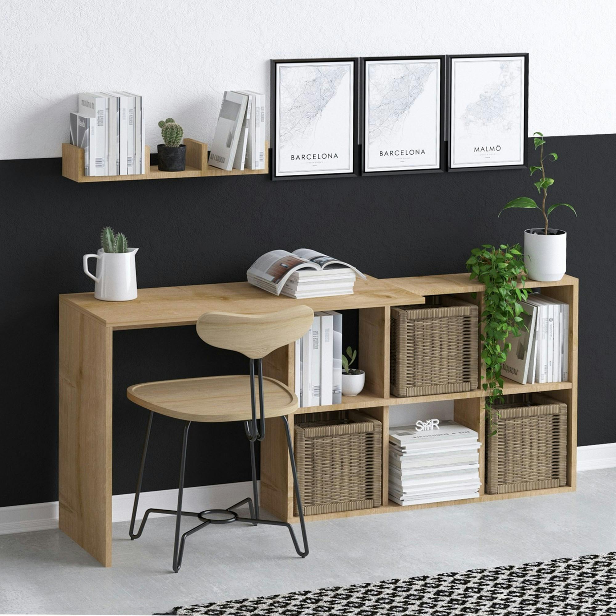 Bureau avec rangement cubes et étagère - effet chêne MARFA