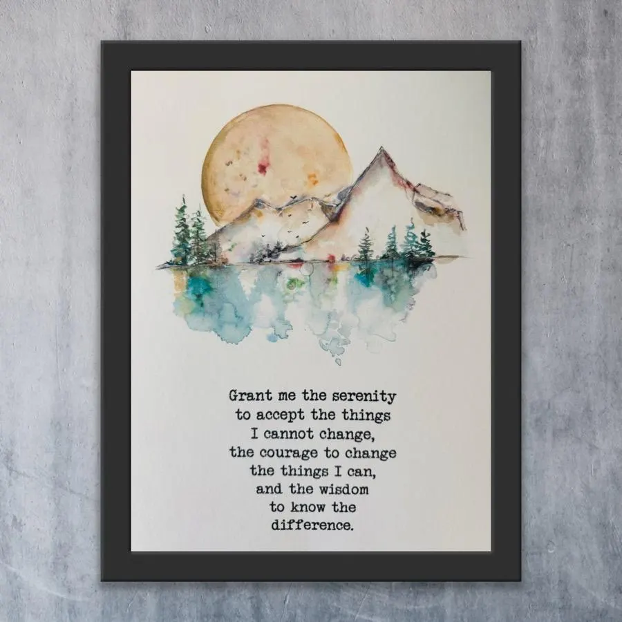 Serenity Prayer Moon Mountain Trees, Grant Me The Serenity Watercolour Art, COURAGE to Change The Things I Can, AA Serenity Mantra Wall Art