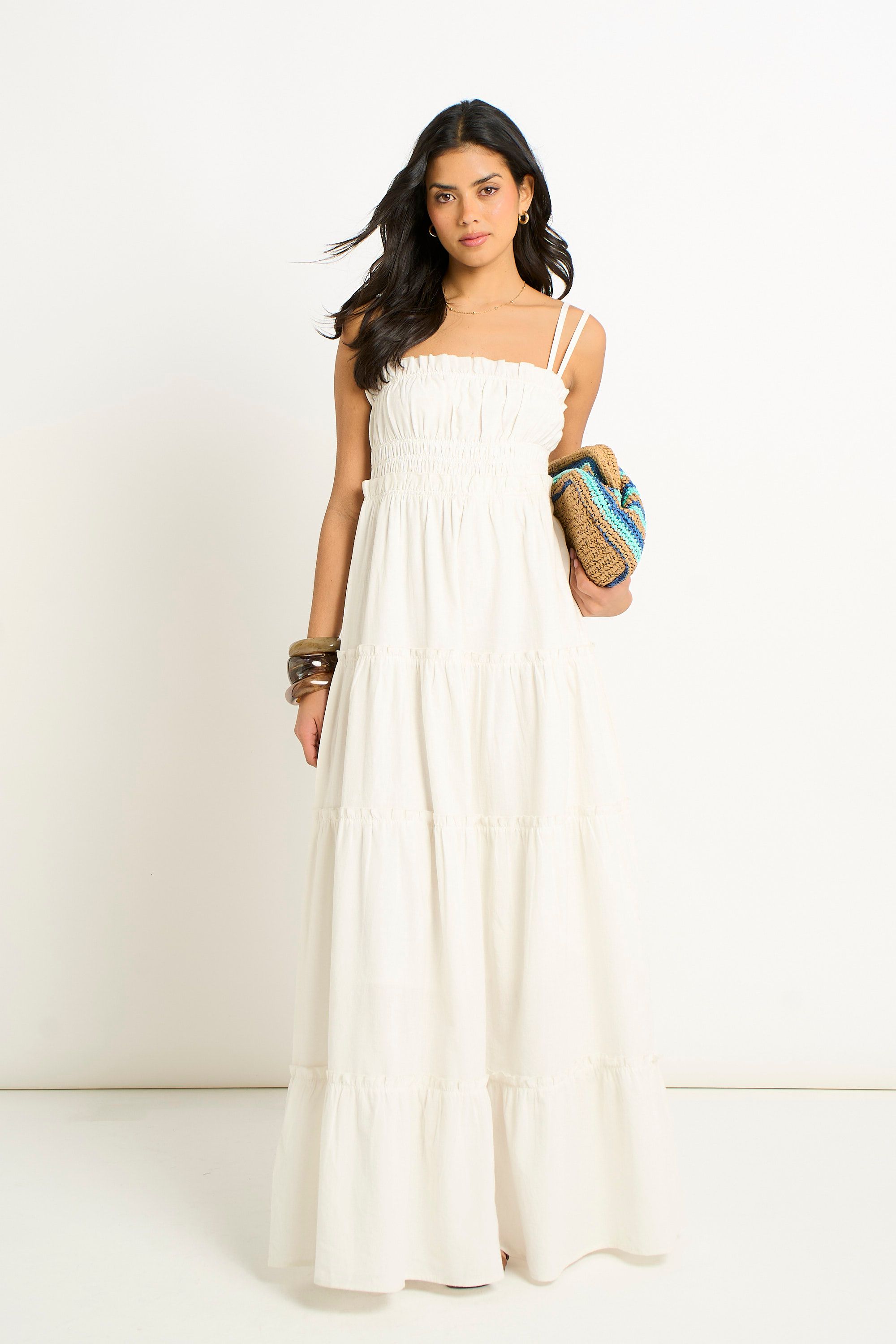 Gini London White Cotton Shirred Strappy Flare Maxi Dress