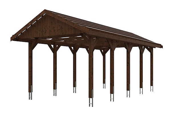 Carport SKAN HOLZ Wallgau 380 x 750 cm, traitement coloré noyer, avec lattis