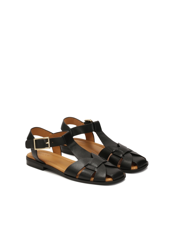 Black leather sandals with built-in front