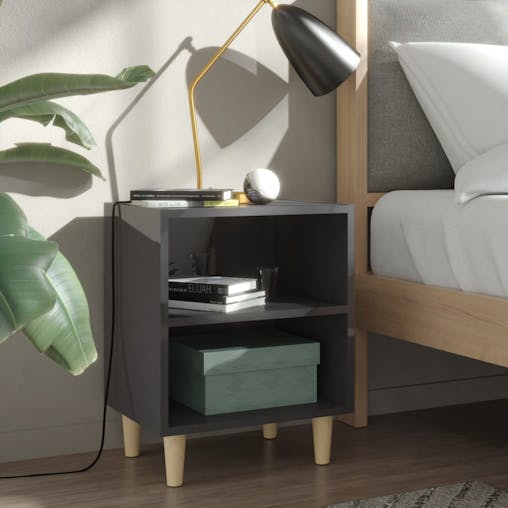 NNEVL Bed Cabinet with Solid Wood Legs High Gloss Grey 40x30x50 cm
