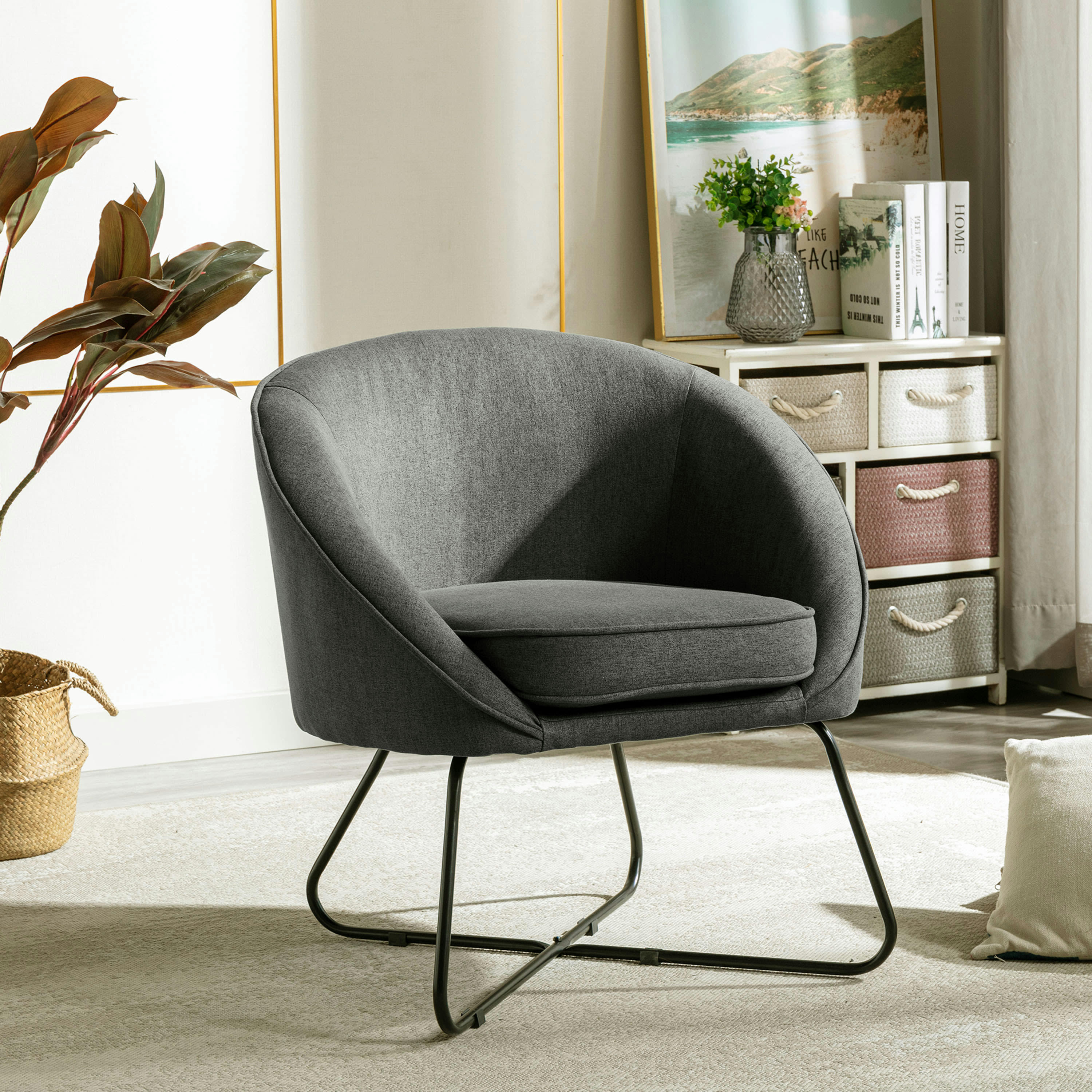 JONAS - Fauteuil design tissu gris pieds métal noir