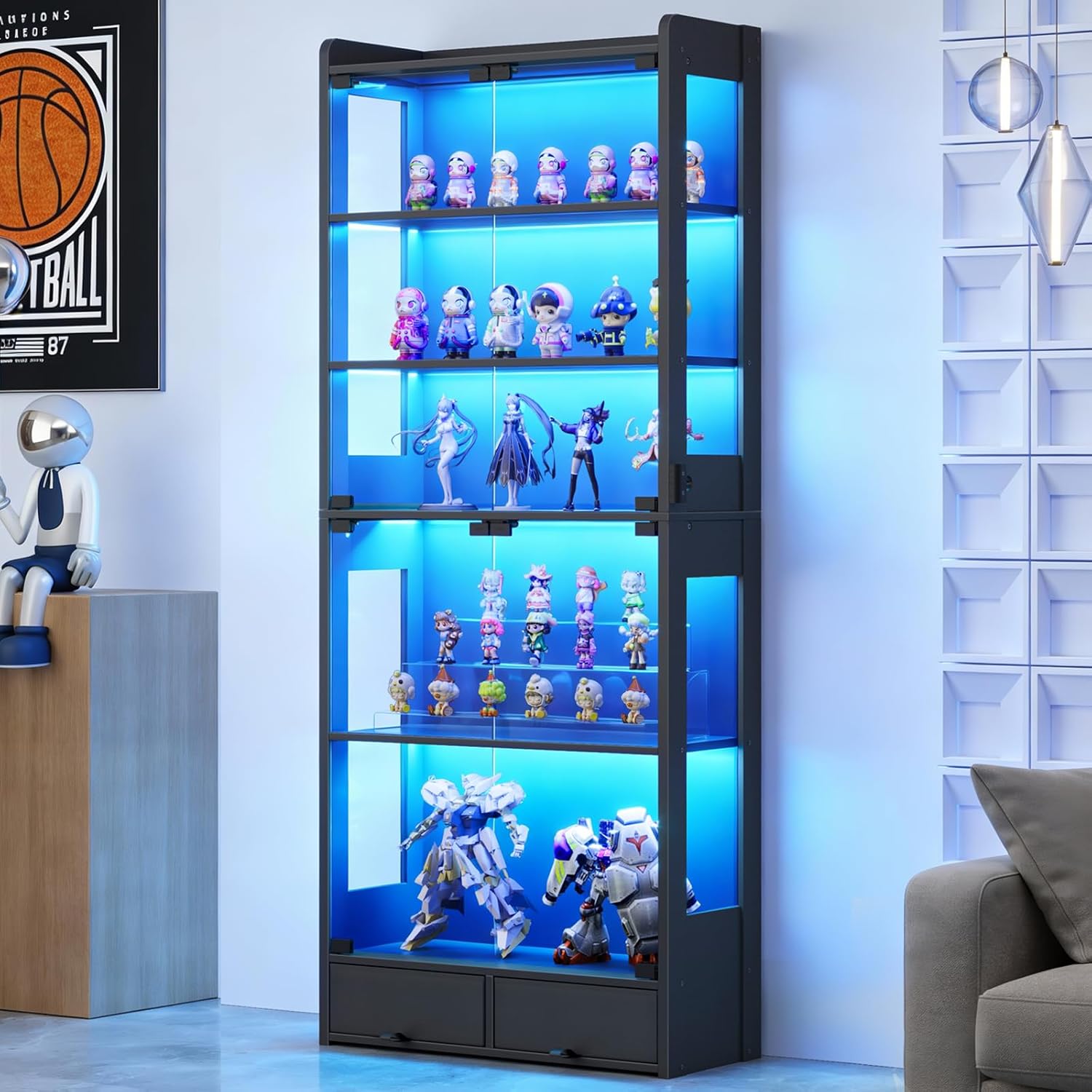 Glass Display Cabinet 69''H with LED Lights, 5-Tier Showcase with Drawers, Collectible Figure Display Case, Freestanding Curio Cabinet, Tall Storage Shelves, Black, 27.6''W