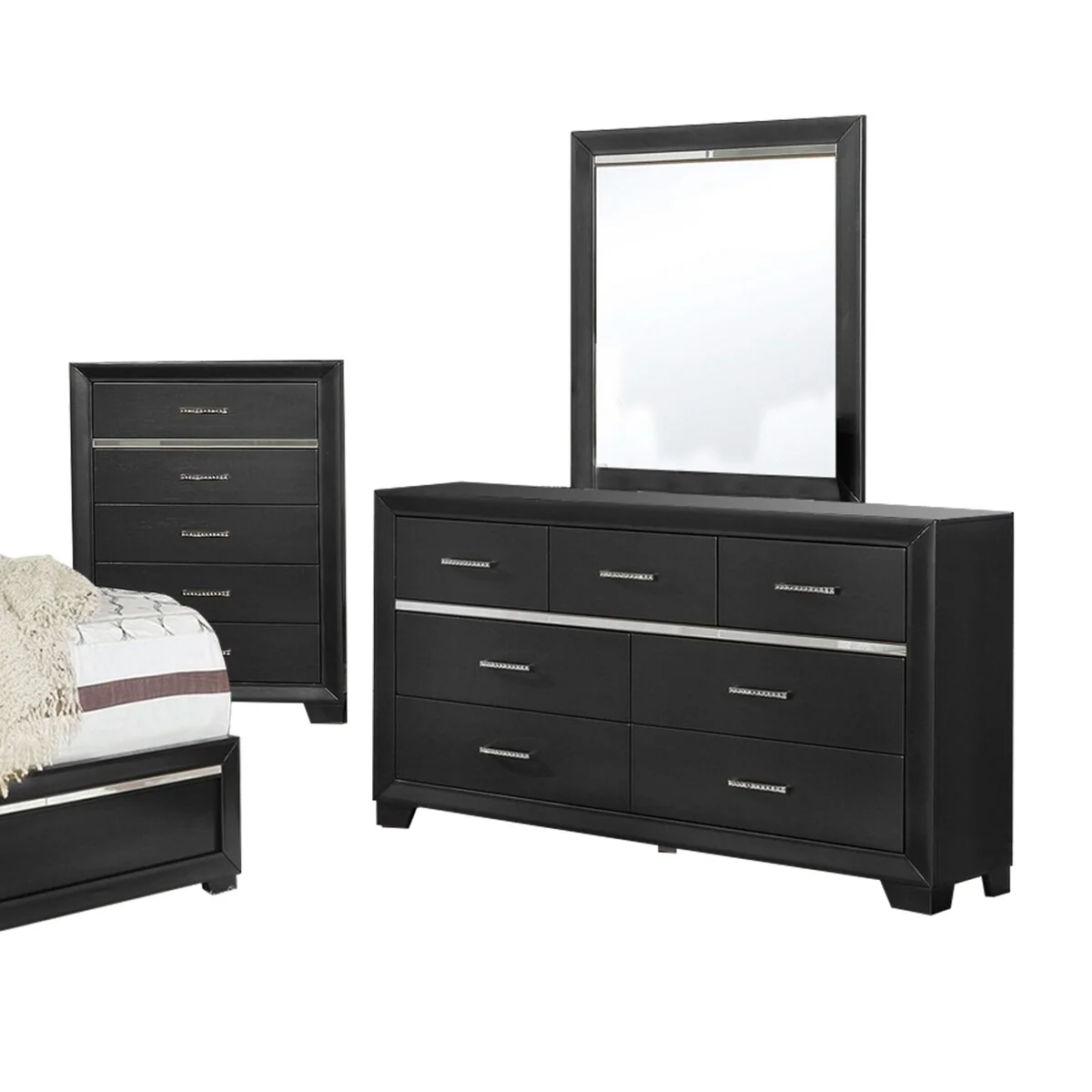 Leatherette 5 Piece Wooden Queen Bedroom Set with LED, Black