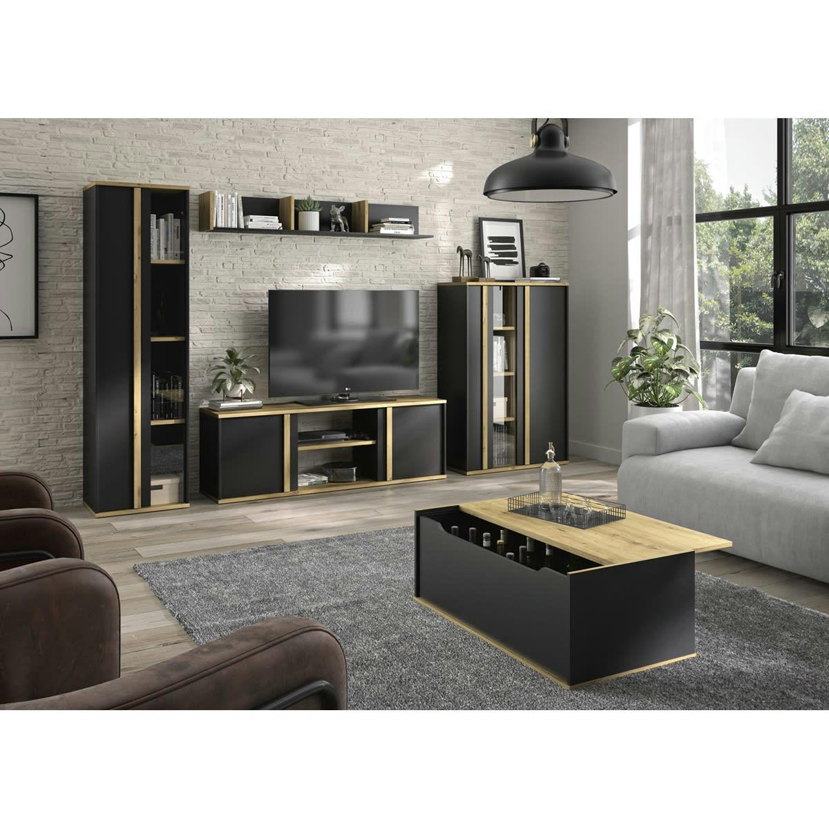 RAFAEL - Meuble tv 2 portes effet bois noir 160x40x54