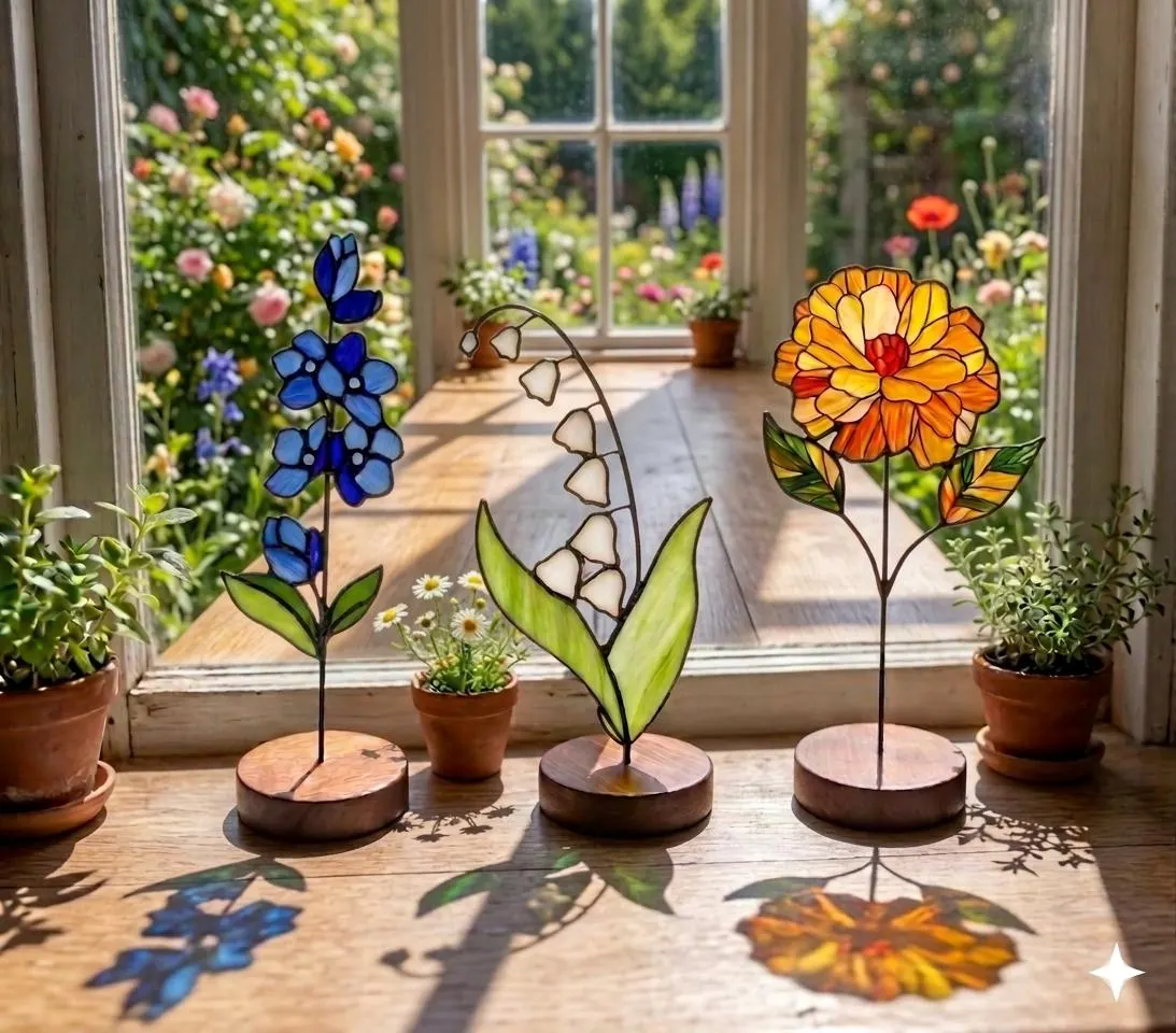 Stained Glass Birth Flower Plant Stake | Personalized Birth Month Floral Suncatcher | Birth Flower Gift| Unique Gift for Birthday, Thank You