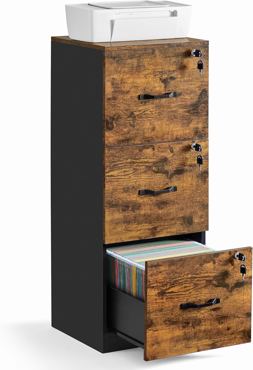 VASAGLE 3-Drawer Vertical File Cabinet, Filing Cabinet for Home Office, Printer Stand, with 3 Lockable Drawers, Adjustable Hanging Rail, for A4 and Letter-Size Files, Rustic Brown and Black UOFC055B01