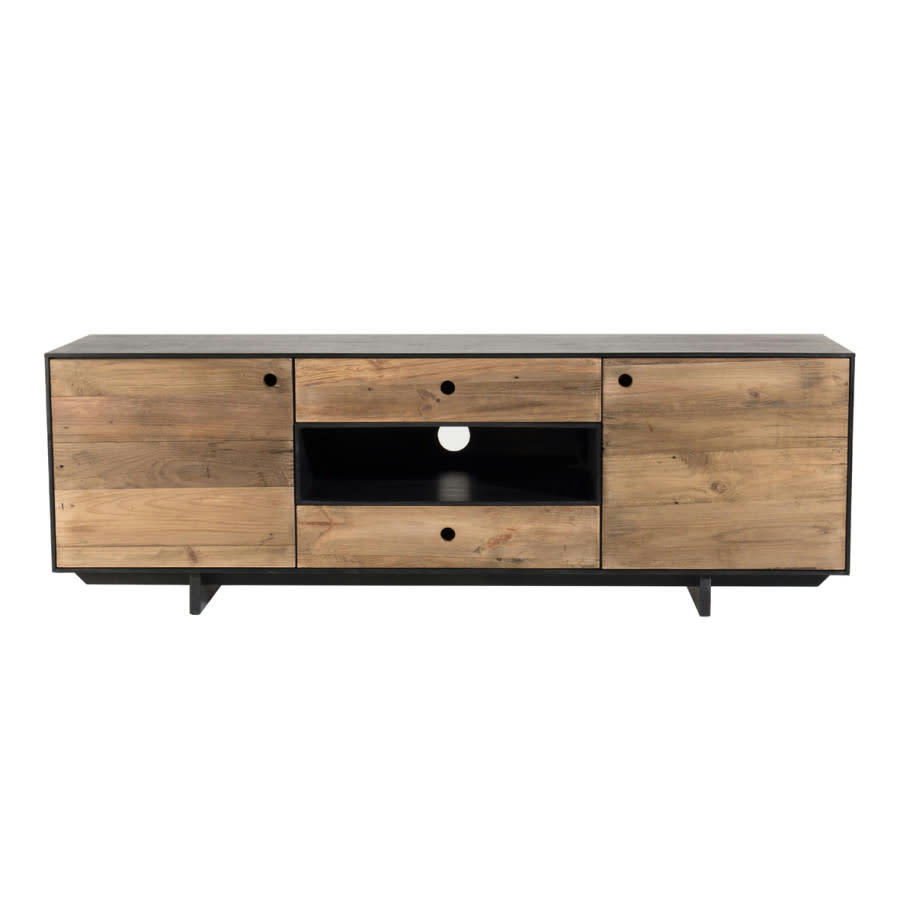 ANDREA - Meuble TV 2 portes 2 tiroirs 1 niche en pin recyclé naturel et noir