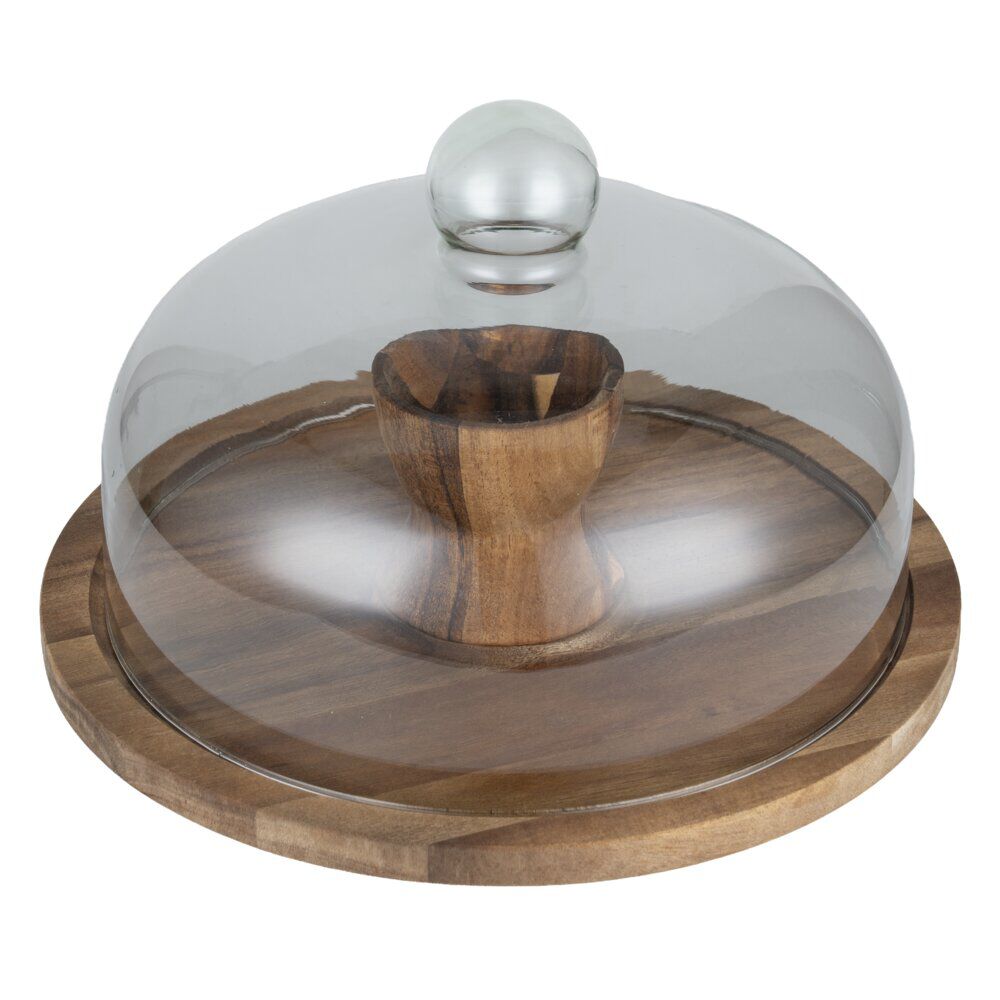 Plateau de présentation bois avec cloche en verre réversible Ø30cm