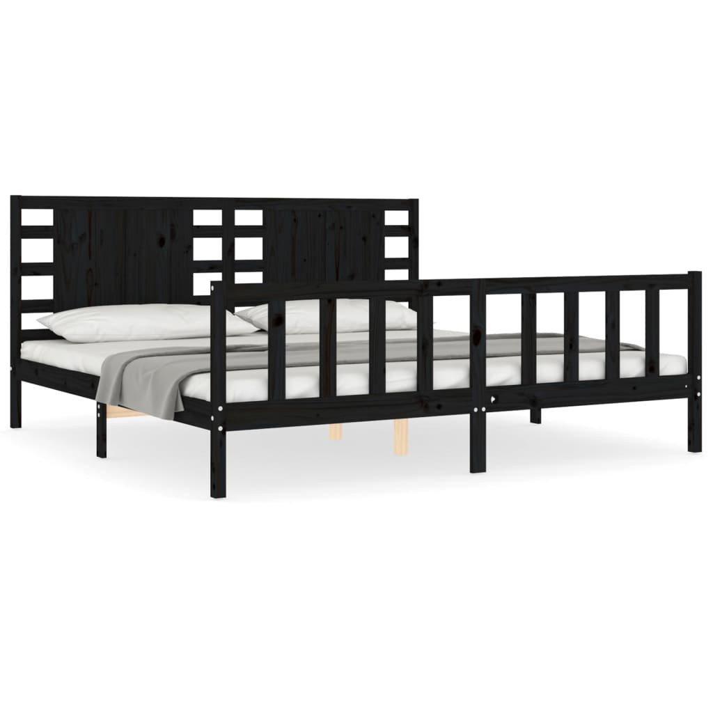 Rama łóżka z wezgłowiem czarna 200x200 cm lite drewno