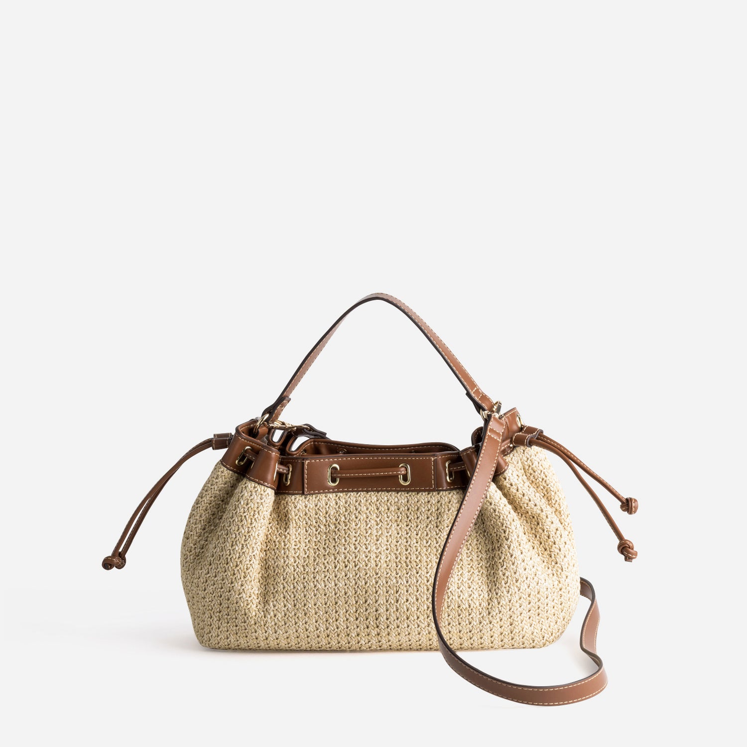 Sac seau beige tressé bordures cognac