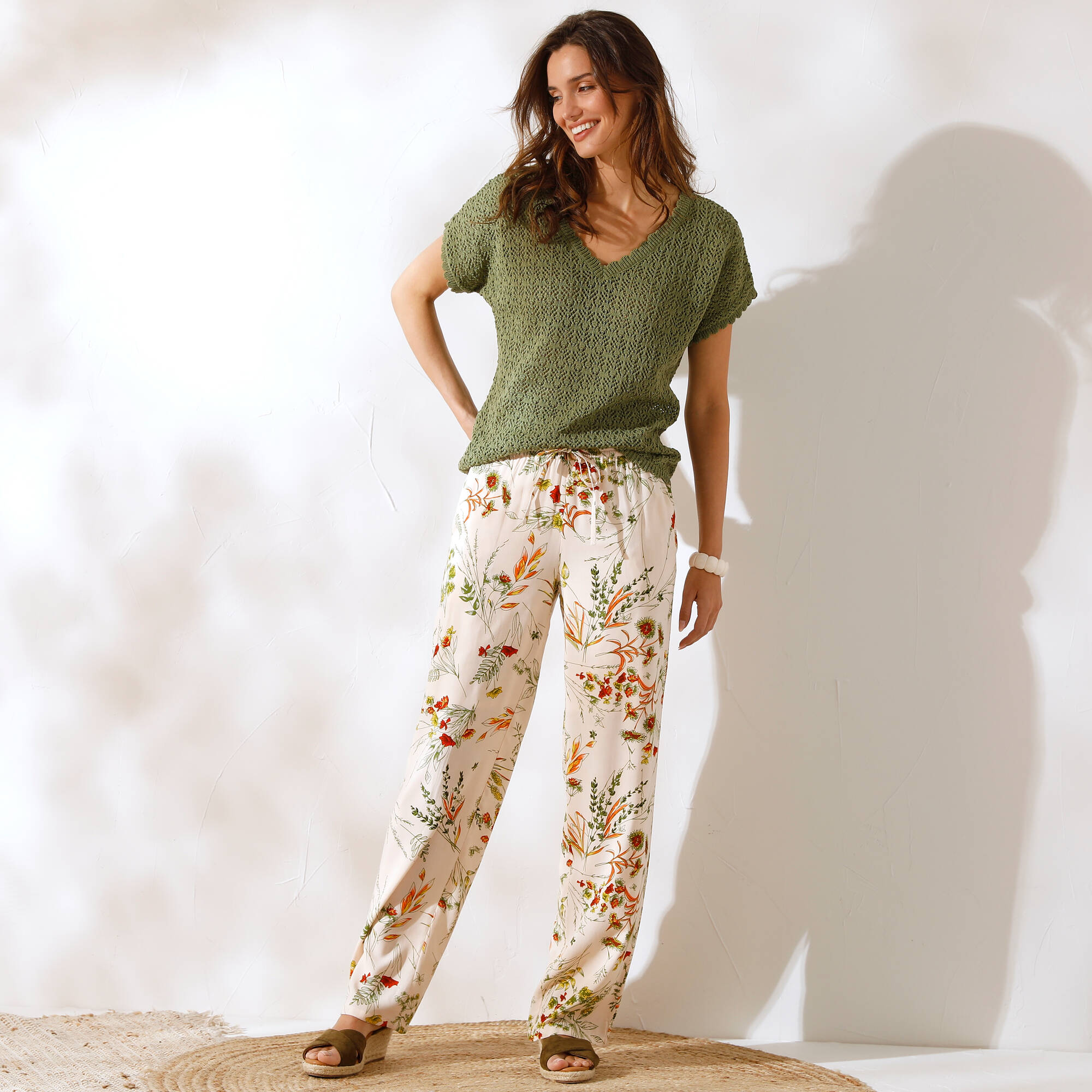 Pantalon large fluide, imprimé fleuri