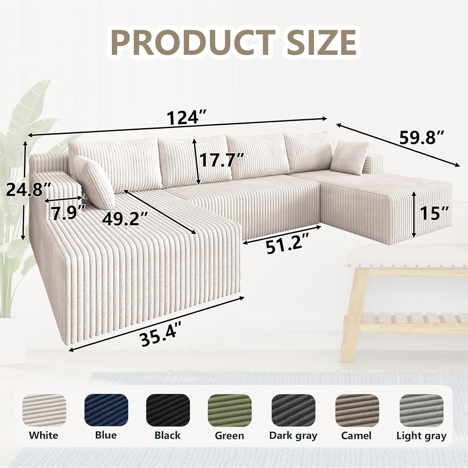 124 U Shaped Cloud Couch Sectional, Corduroy Upholstered 4-Seater Cloud Couches for Living Room, Deep Seat Modular Boneless Sofa with Lounge Chaise, No Assembly Required, White
