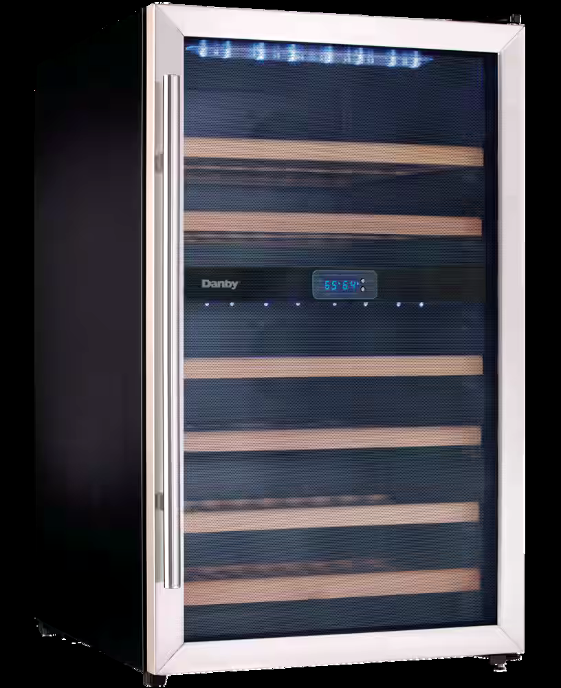 Danby Freestanding Dual Zone Wine Fridge/Cooler with Wood Shelves, Holds 38-Bottles, Stainless Steel