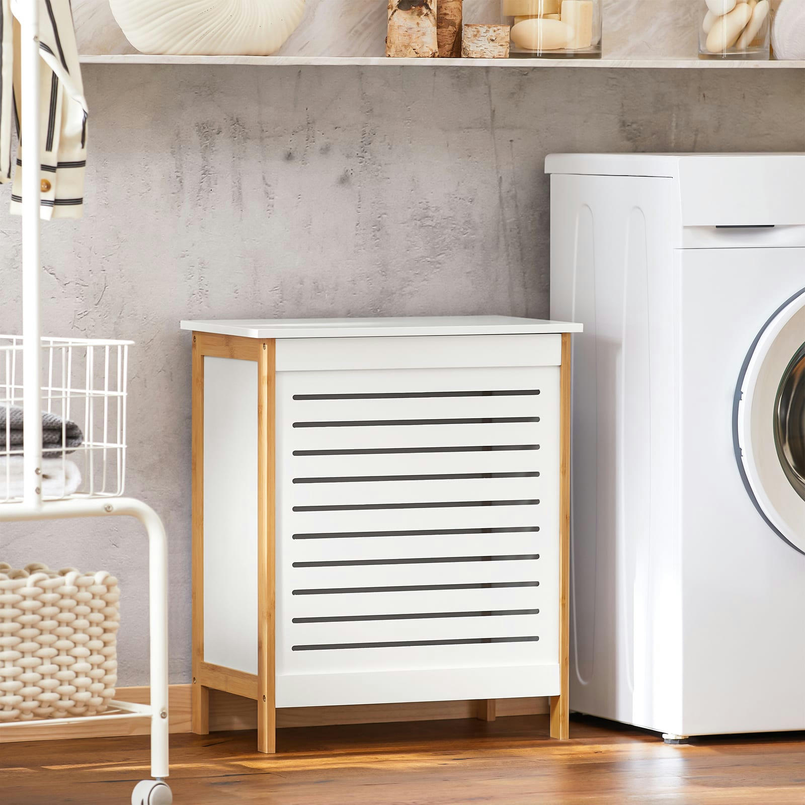 - Corbeille à linge effet bois blanc