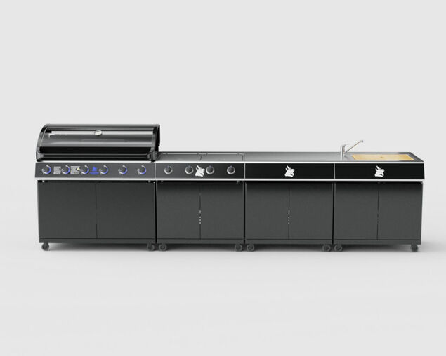 Beefmaster Premium 6 Burner Outdoor Kitchen with Range, Sink & Bench on Classic Carts