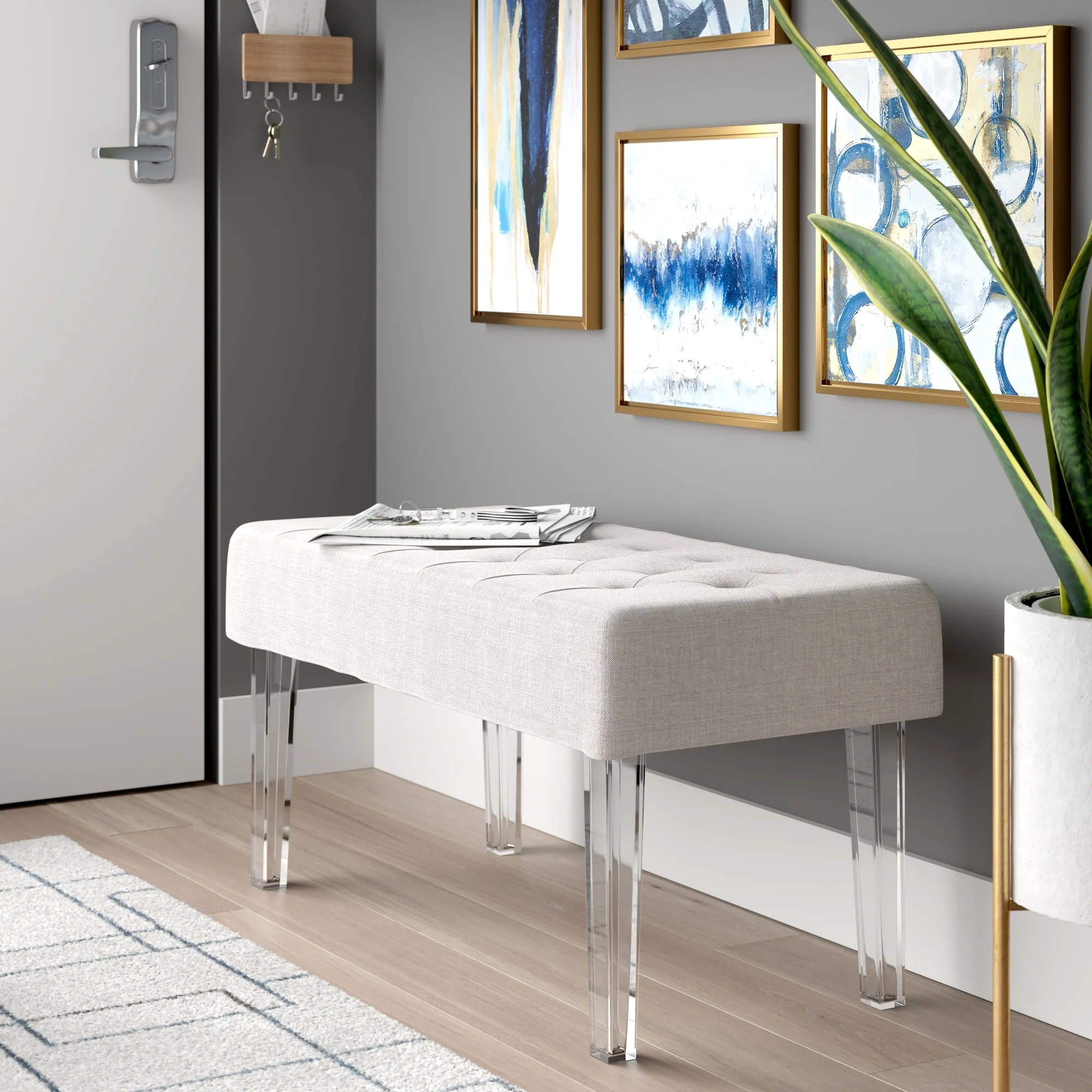 Upholstered Bench with Tufted Top - 35 - White