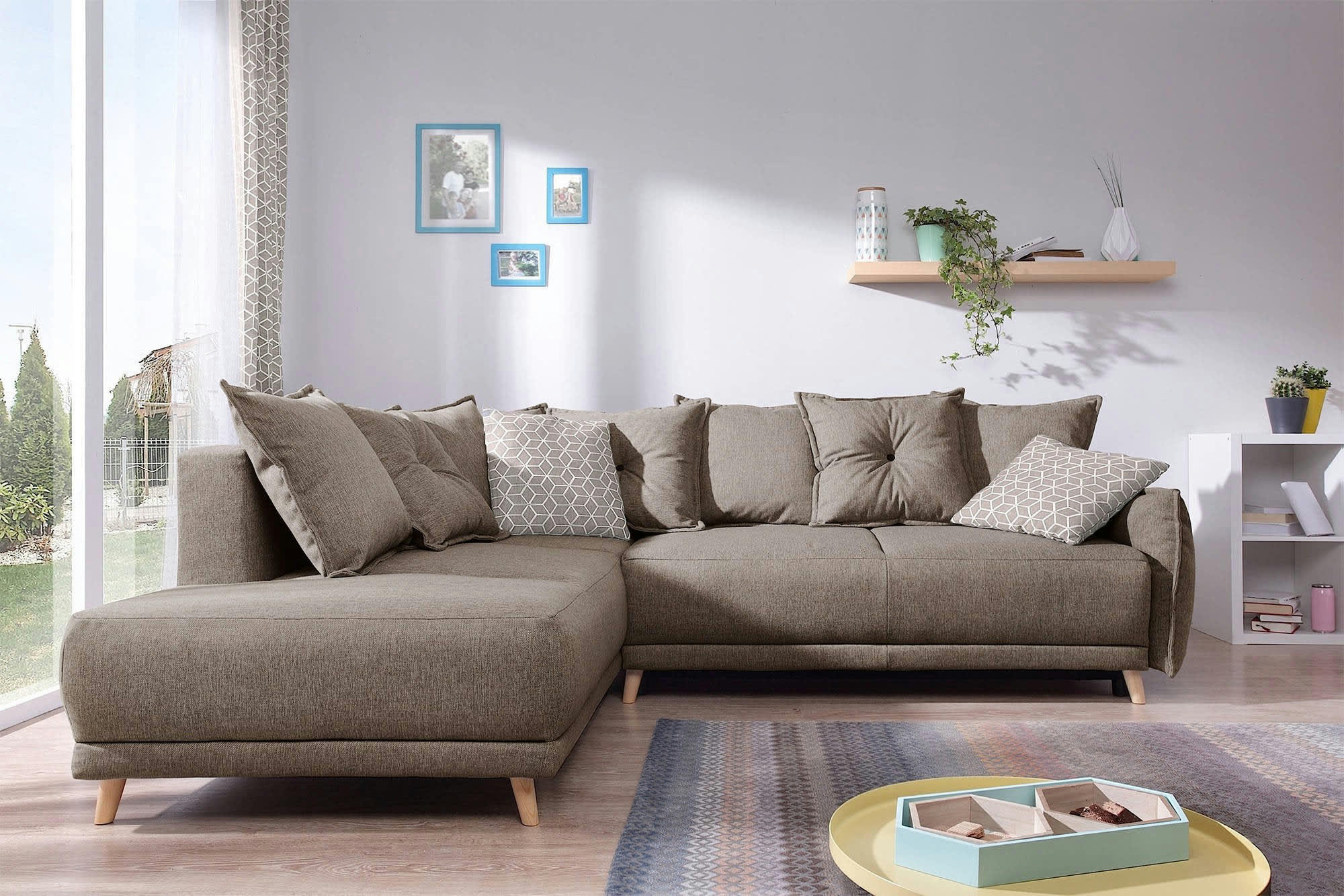 LENA - Canapé d'angle gauche convertible 5 places en tissu café latte