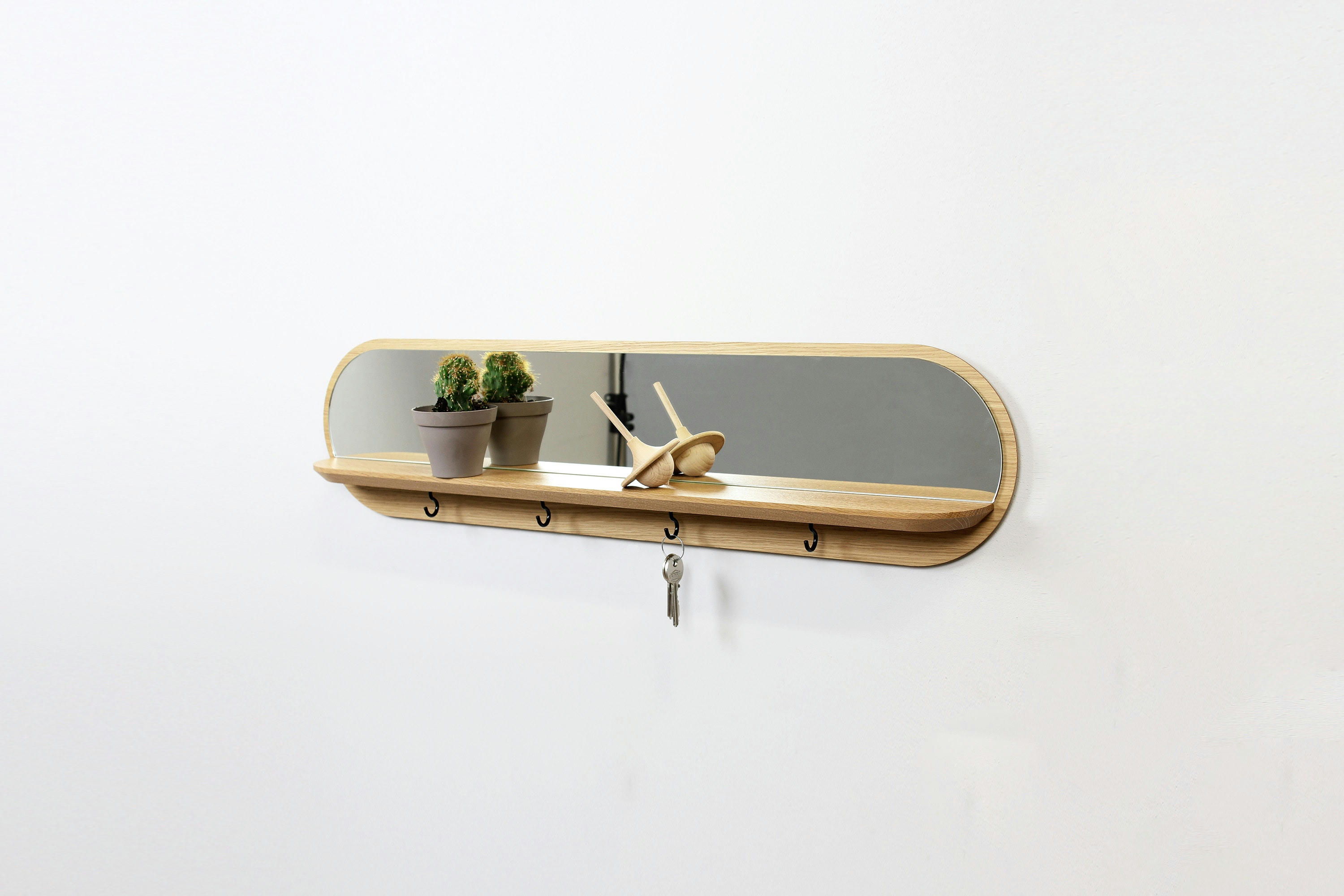 MOONLIGHT - Miroir avec tablette et porte-clés mural en chêne crochets noirs