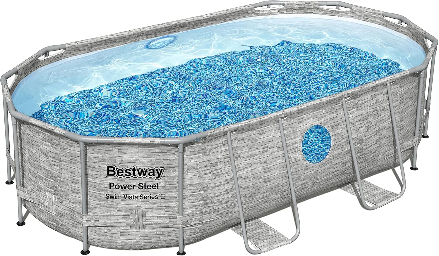 The robust steel swimming pool Horizon Series II - a 14 feet x 8 feet 2 inches x 39.5 inches outdoor above-ground pool package, equipped with a 530 liter/minute filtration pump, ladder and pool cover.