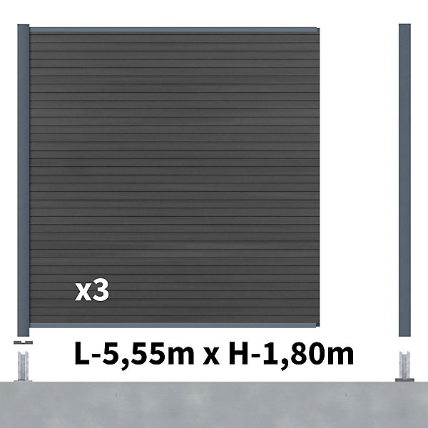 Kit Clôture Composite SANTOS Ardoise 5,5x1,8m - Bois composite &Aluminium - Poteaux sur Platines Gris - Brise vue - Palissade