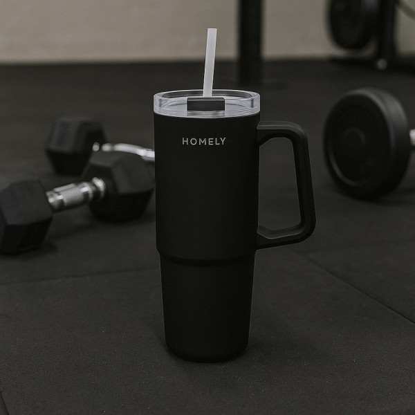 Kubek termiczny ze słomką i uchwytem na kawę herbatę 900 ml czarny