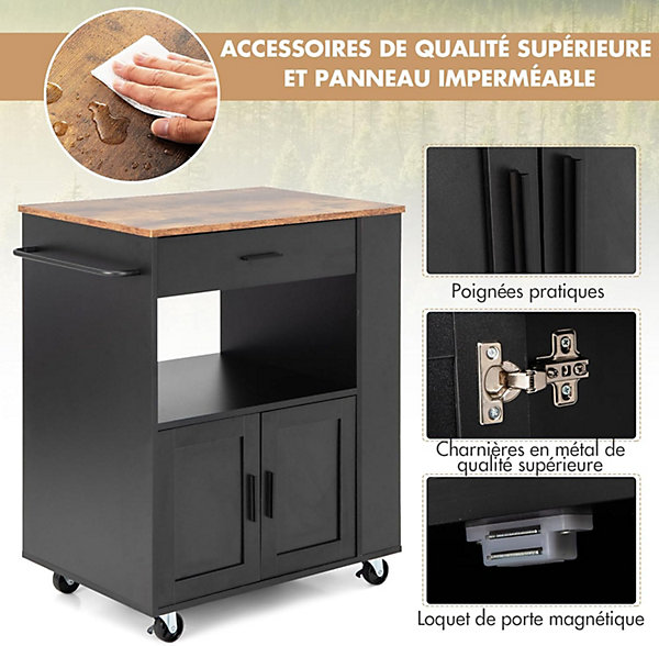 Desserte à roulettes Chariot en Bois avec Placard Tiroir et étagère Ouverte Support à épices 3 Niveaux Porte Serviettes
