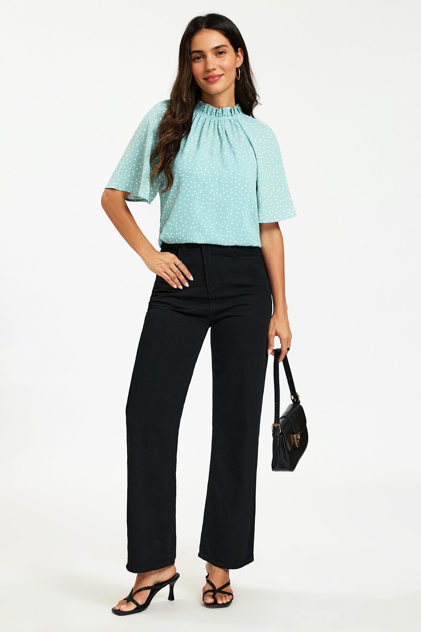 FS Collection Polka Dot Ruffle High Neck Short Sleeve Blouse