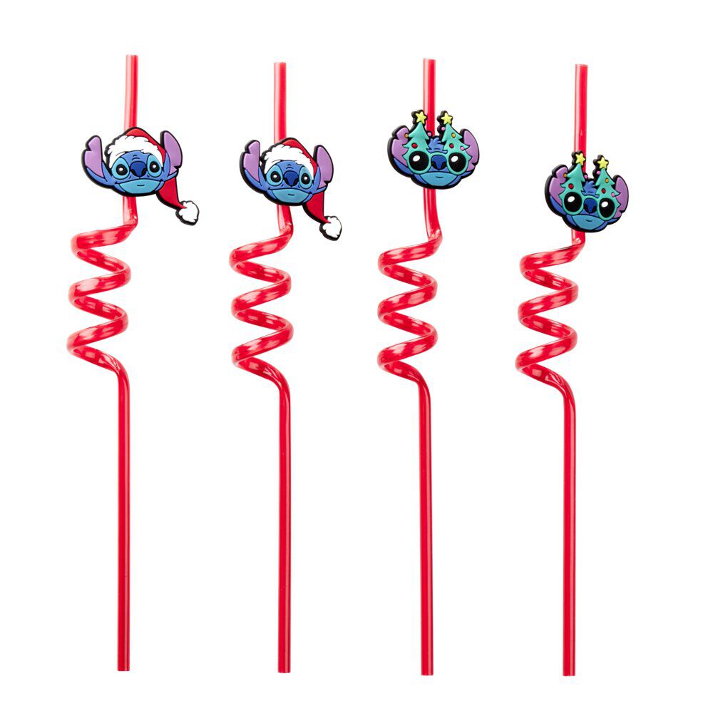 Paille enfant x4 Stitch Disney No&euml;l plastique réutilisable L27cm