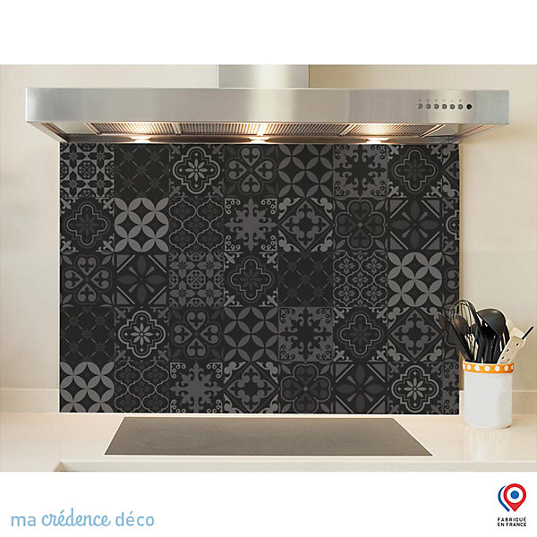 Crédence cuisine fond de hotte Carreaux ciment classique 2 noir - Verre trempé - L 90 cm x H 70 cm - MaCrédenceDéco