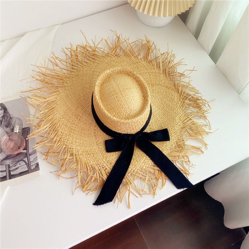 PEACH ACCESSORIES Fringed Raffia Straw Sun Hat with Black Ribbon Bow