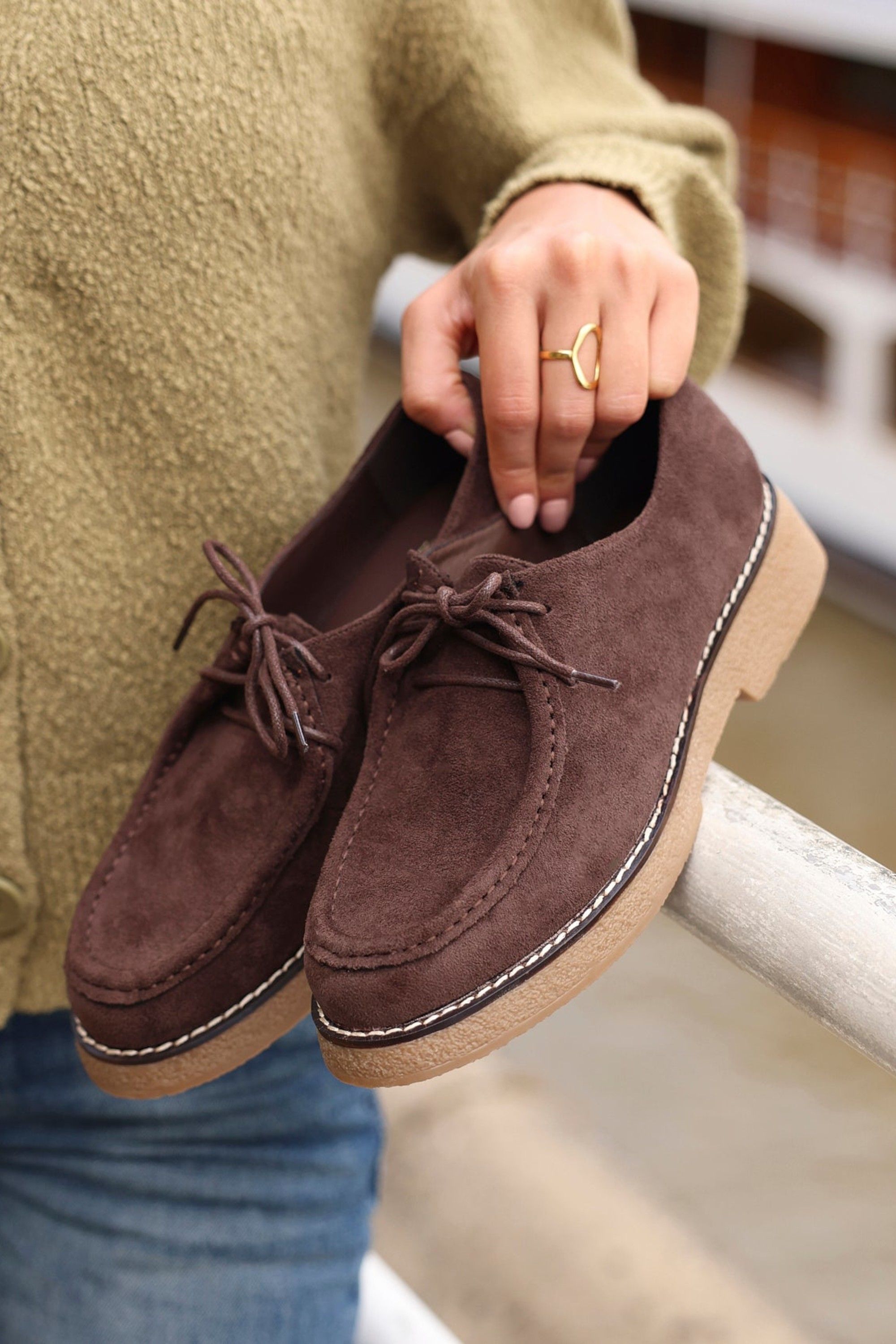 Linzi Perth Brown Faux Suede Laced Chunky Loafer