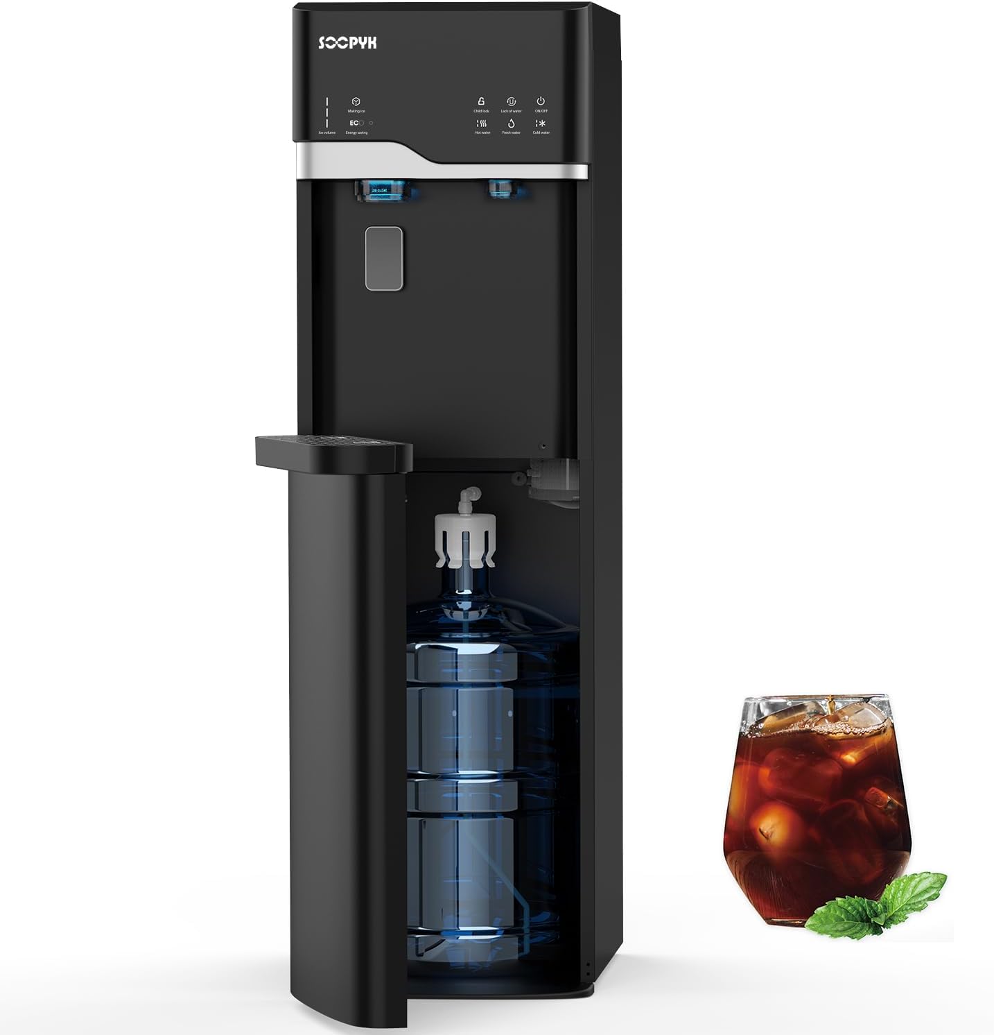 Self Clean Water Cooler Dispenser and Ice Maker Bottom Loading for 5 Gallon 3 Temperature Settings 22lbs Daily Capacity Ice Full Alert Night Light Black