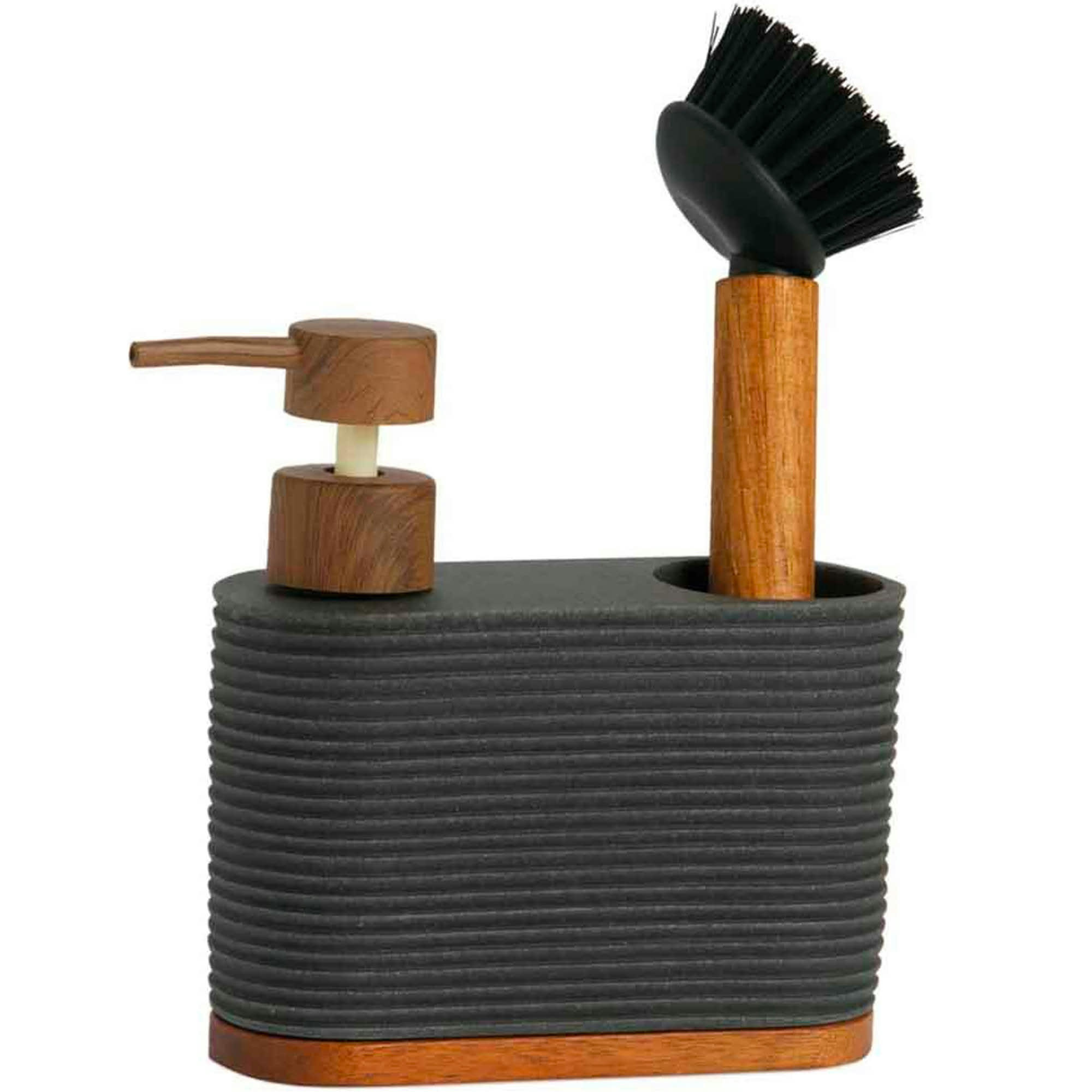 - Distributeur liquide vaisselle + brosse polypropylène gris et acacia