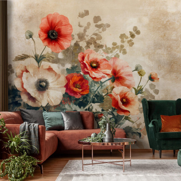 Fototapeta Kwiaty Vintage Beton Beżowy Na Ścianę Sypialnia Salon 250X175